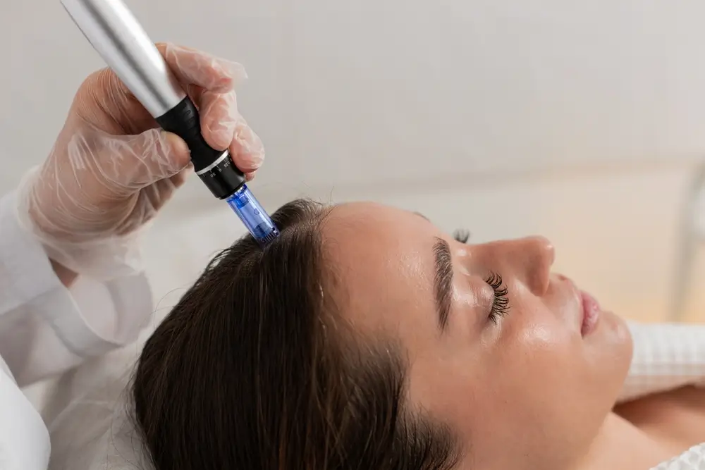 Woman having hair loss treatment dermapen microneedling